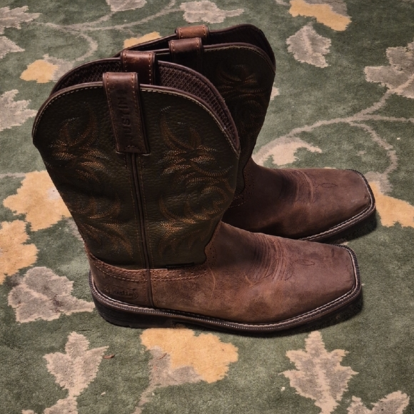 Justin Boots Brown Leather Cowboy Boots with Embroidered Shaft Steel Toe - Picture 2 of 9